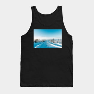 Blue Scandinavian Winter Landscape With Mysterious Fog on Sunny Cold Day Tank Top